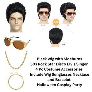 Wig Costume Set Rock Star 50's Disco Elvis Singer Halloween Cosplay Brand New